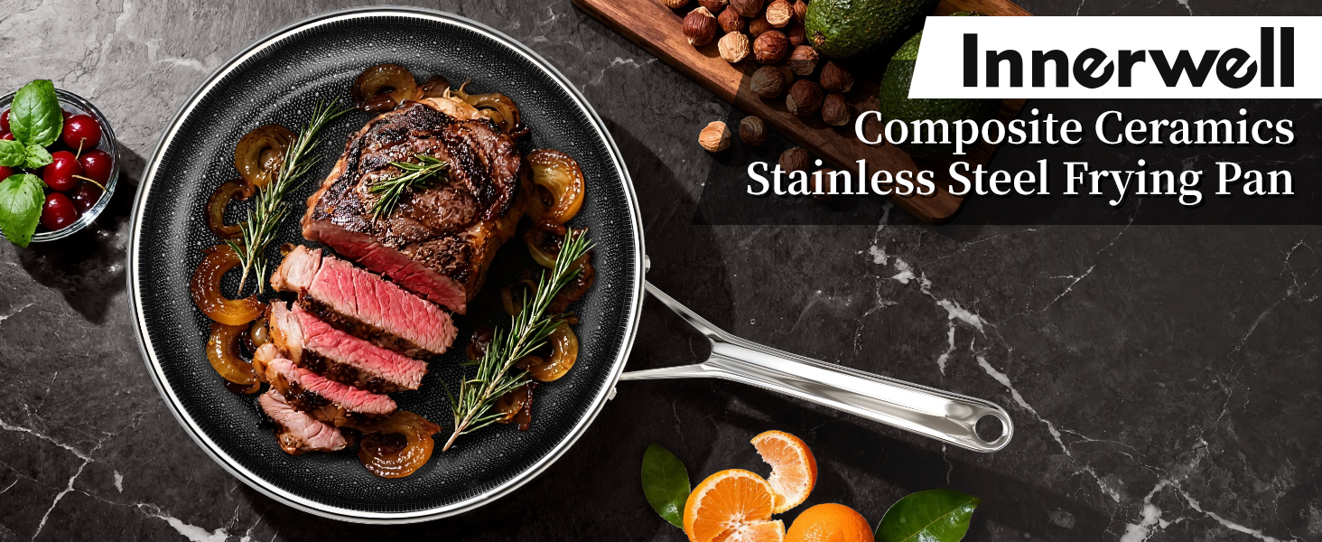 Сковорода керамічна Innerwell 28 см з нержавіючої сталі, антипригарна, без PFAS/PFOA/PTFE, для індукційних, газових та електричних плит, придатна для духовки та посудомийної машини