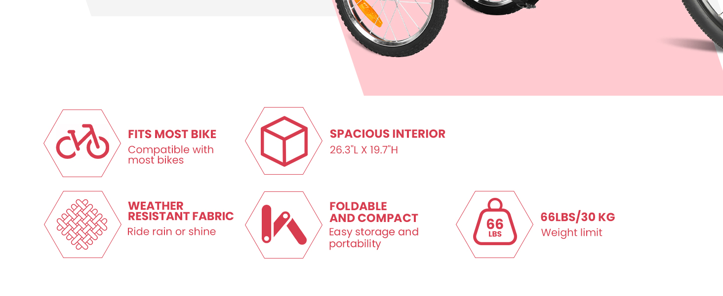 Причіп для велосипеда для собак, складаний, з відбивачами безпеки, сумкою для зберігання, м'яким внутрішнім простором та страхувальними повідками, для собак до 30 кг, червоний