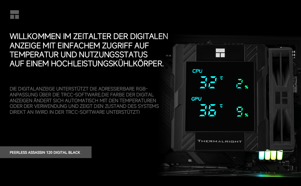 Кулер для процесора Thermalright Peerless Assassin 120 Digital Black з цифровим дисплеєм, 6 теплових трубок, сумісність з AM4/AM5, Intel LGA1700/1851/1200, чорний