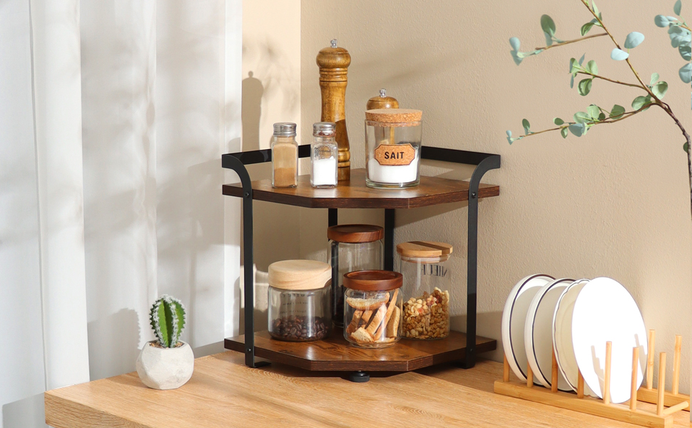Corner shelf for kitchen with 2 tiers, spice rack wood, kitchen shelf, kitchen organizer, corner shelf for kitchen countertop, shelf for kitchen countertop, small shelf for kitchen, living room, office, 30 x 30 x 32cm