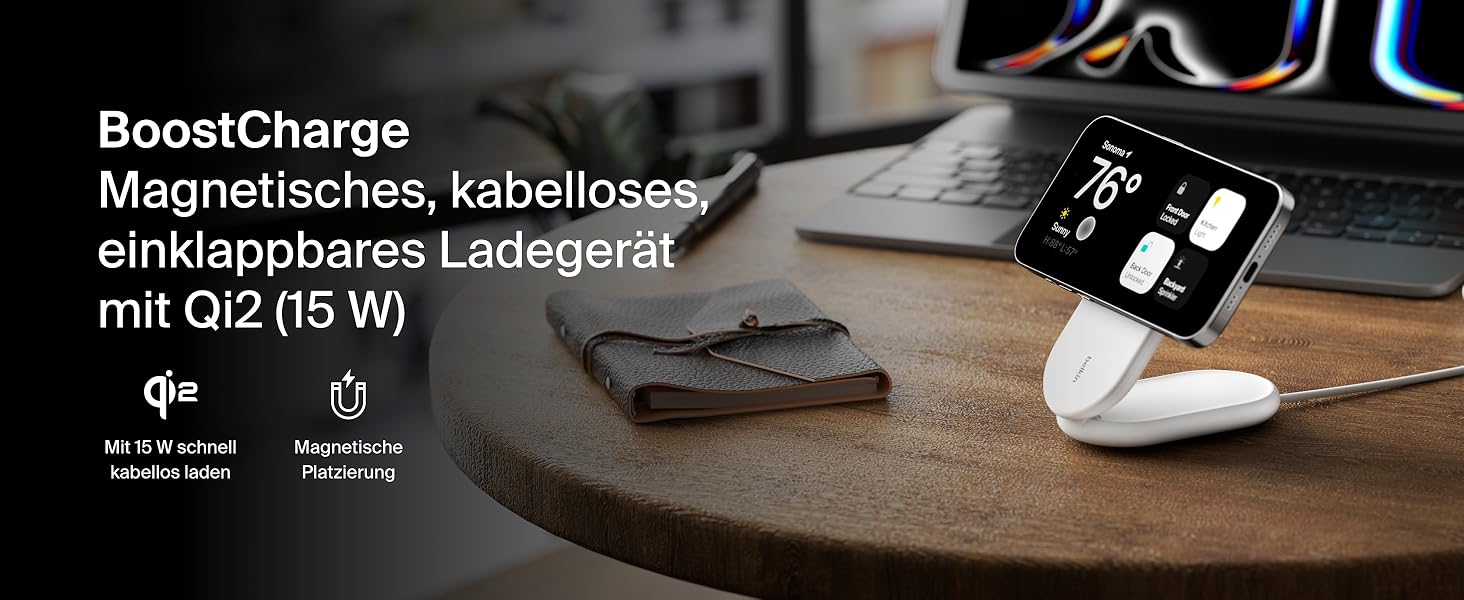Белкін BoostCharge Магнітний складний бездротовий зарядний пристрій Qi2, 15 Вт, сумісний з MagSafe для iPhone 17, Air, 16, 15, 14, 13, 12, Pixel, з підтримкою Standy-режиму – білий