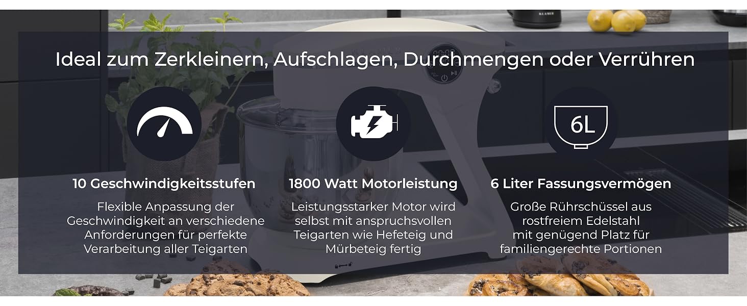 Кухонний комбайн KLAMER 1800W, планетарний міксер для тіста з чашею з нержавіючої сталі 6л (Premium Creme)