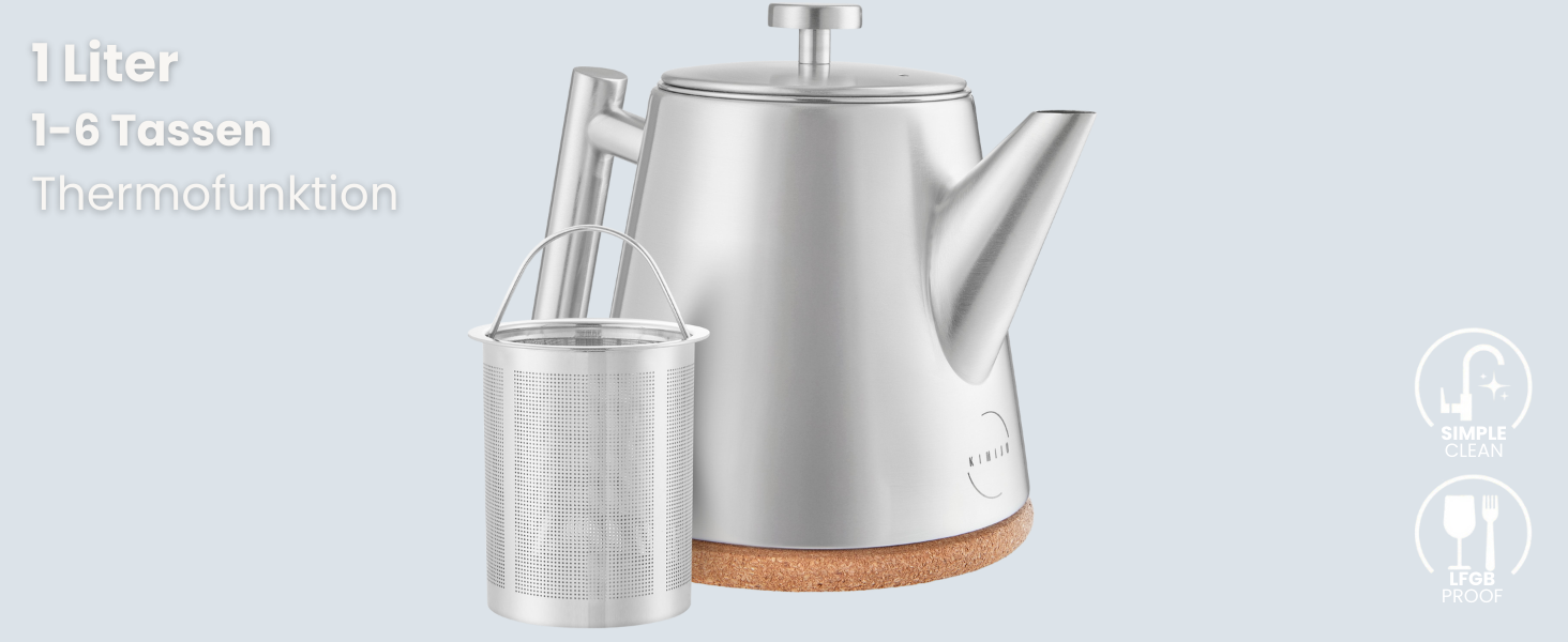 Заварник для чаю Teekanne з ситечком, 1 л, нержавіюча сталь, з функцією підігріву та пробковим підстаканником, двостінний чайник для листового чаю та трав'яних настоїв