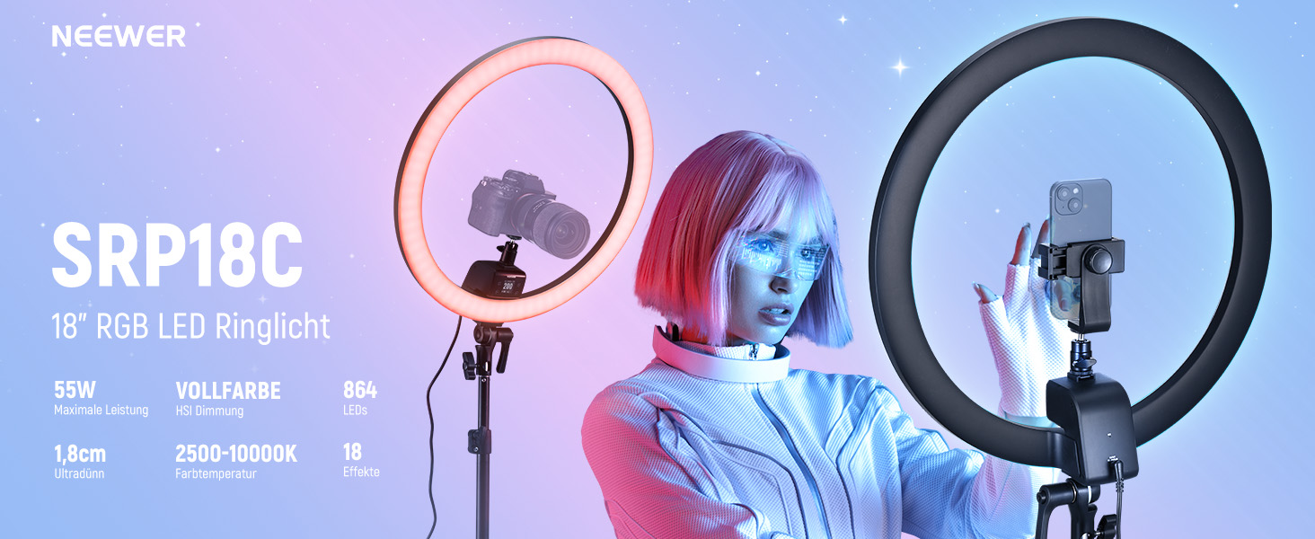 NEEWER кільцева лампа 20 дюймів LED з триподом та тримачем для телефону, 44 Вт 3200K-5600K з акумулятором, USB, для макіяжу, тату, вій, YouTube, TikTok, відеозйомки (SRP18C)