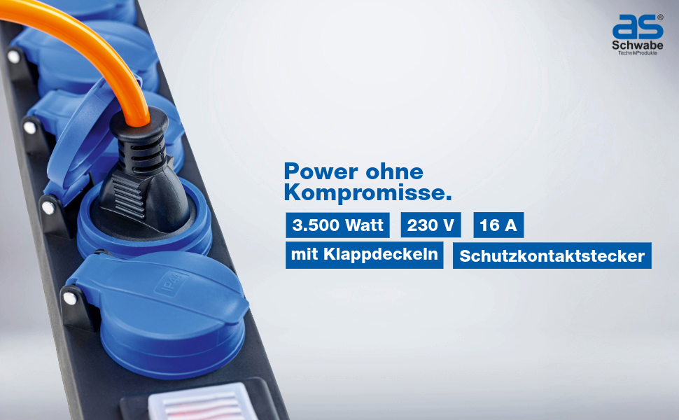 Розподільник розеток Schwabe 3-fach з вимикачем, заземленням, кришкою, 1.5 м, для зовнішнього використання, 230V, 16A, IP44, чорний, синій