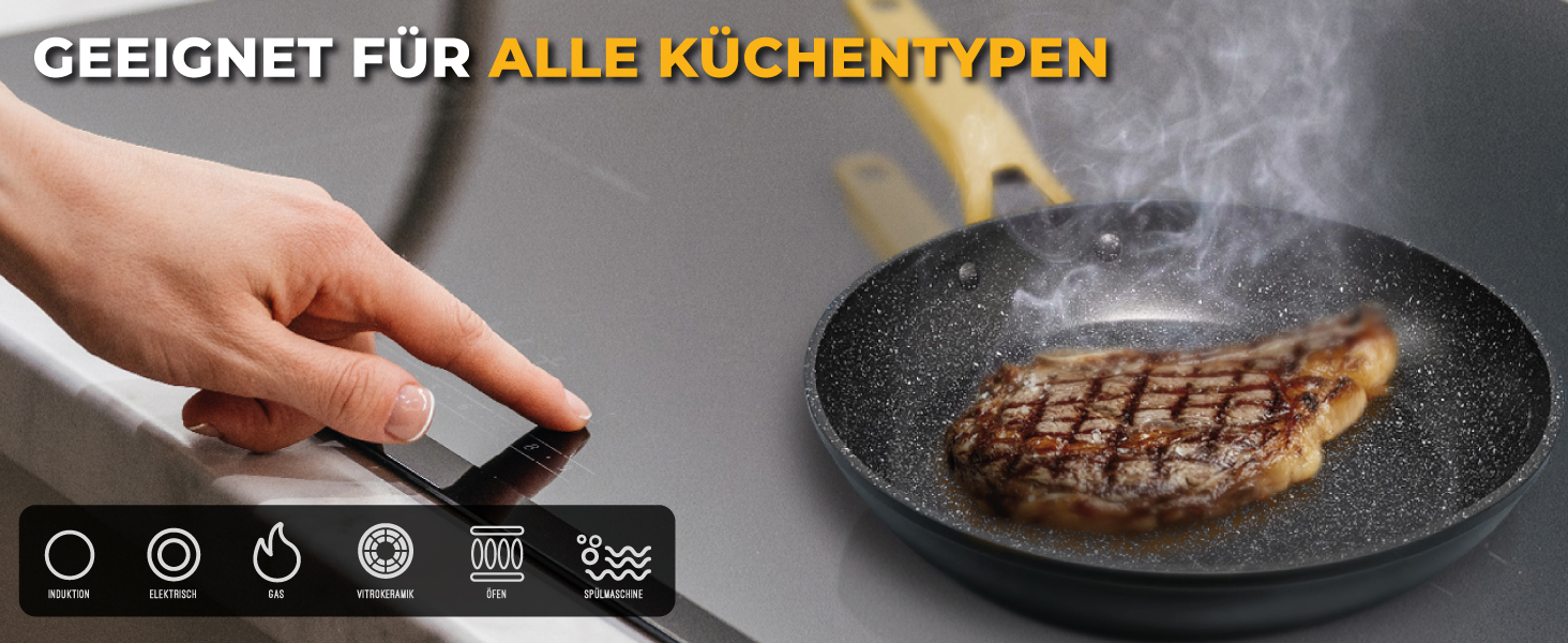 Набір сковорідок Briebe Gold Titanium Set (3 шт.) з титановою поверхнею, антипригарне покриття, для індукційних плит, діаметр 18-20-24 см, коване алюміній, без PFOA, професійні ручки з нержавіючої сталі, сумісний з газовими та склокерамічними плитами