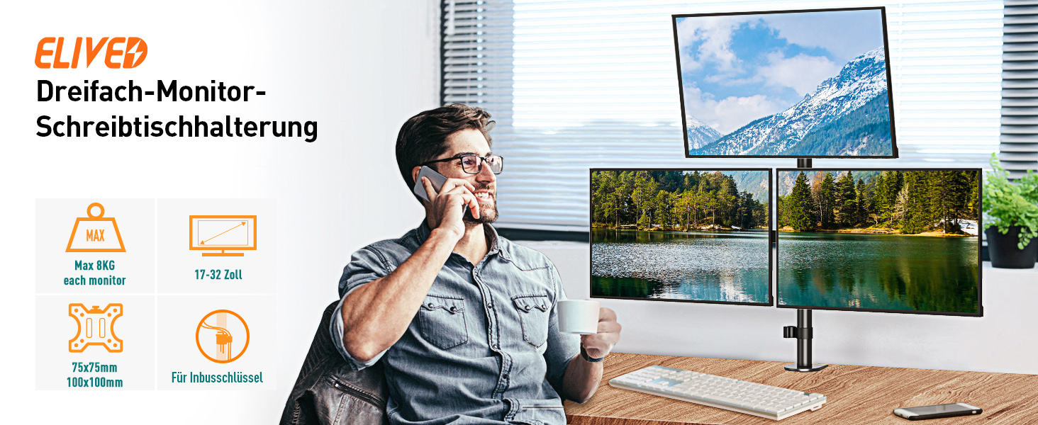 Тримач для моніторів ELIVED EV4013 на 3 монітори, 17-32 дюйми, VESA 75/100mm, регулювання висоти, 80 см