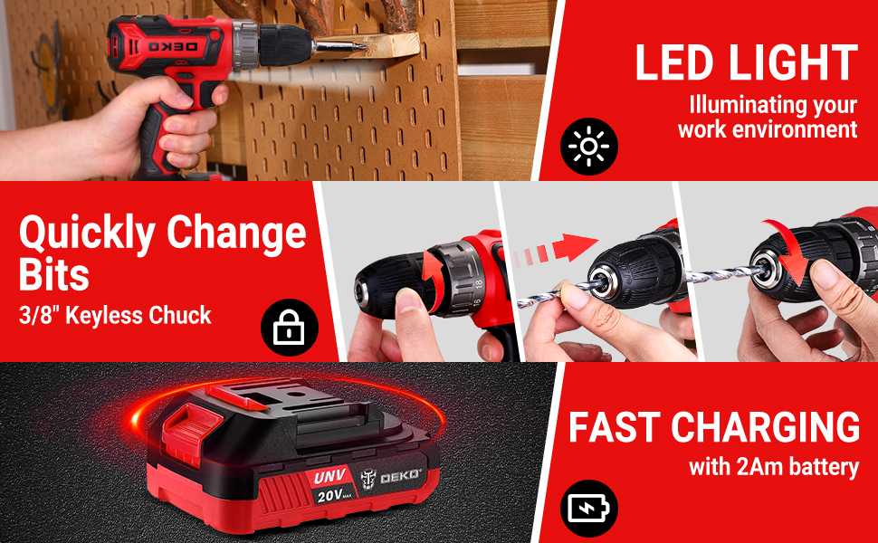Набір інструментів DEKO 186 шт. з акумуляторною дрилі: набір інструментів 20V для дому та дрібного ремонту