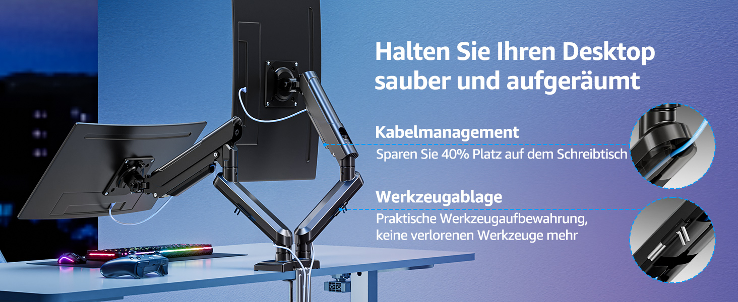 Тримач для монітора ELIVED EV6012W для 2 моніторів (13-32 дюйми), чорний, VESA 75/100mm, газ-амортизатор, регульований