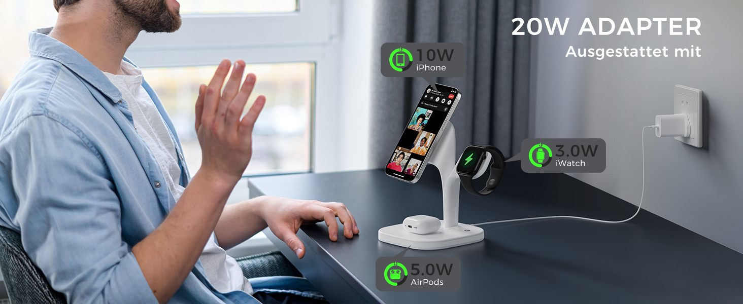 Зарядна станція 3-в-1 для Apple Watch та iPhone з MagSafe, білий колір. Підходить для iPhone 17, 16, 15, 14, 13, 12 Series, Apple Watch 11, 10, 9, 8, 7, 6, 5, 4, 3, 2, SE, Ultra, AirPods Pro/4/3/2. Потужність: 20W.