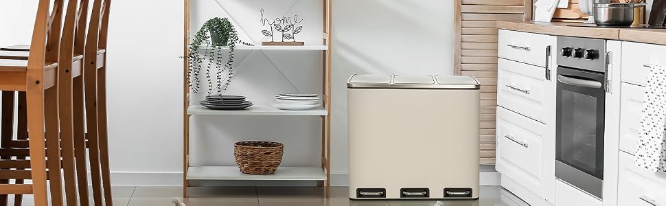 Система сортування сміття hjh OFFICE CLEAN IX: металевий сміттєвий бак з 3 відсіками по 18л, педальний механізм Softclose, бежевий, 741102