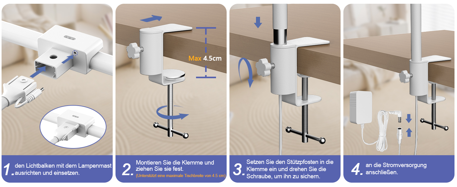 LED настільна лампа EppieBasic 24W з регулюванням яскравості, 80см, з кріпленням, захистом для очей, гнушим шийкою, для офісу, монітора, робочого місця, з таймером, чорна