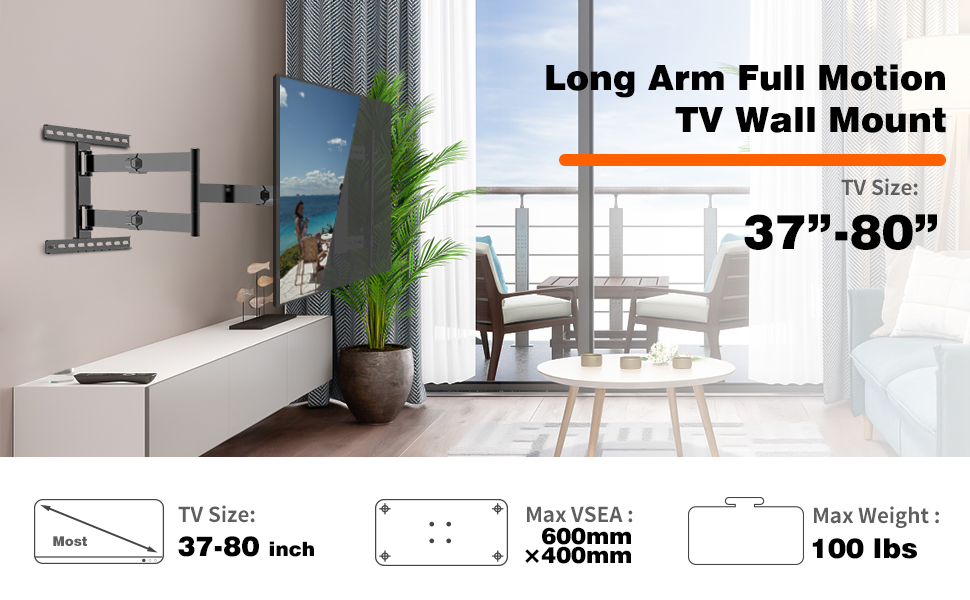 Настінний кріплення для телевізора поворотний, 1200 мм, для LCD/LED/OLED TV 37-75 дюймів, кріплення для телевізора, MAX VESA 600x400 мм, до 45 кг
