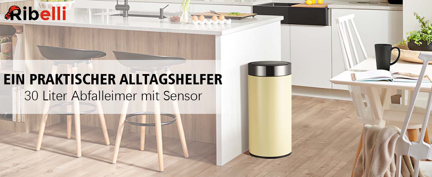 Рибеллі Відро для сміття 30л з нержавіючої сталі, з педальним механізмом, м'яке закриття, сортування сміття, кругле (Мигдальний колір з сенсором)