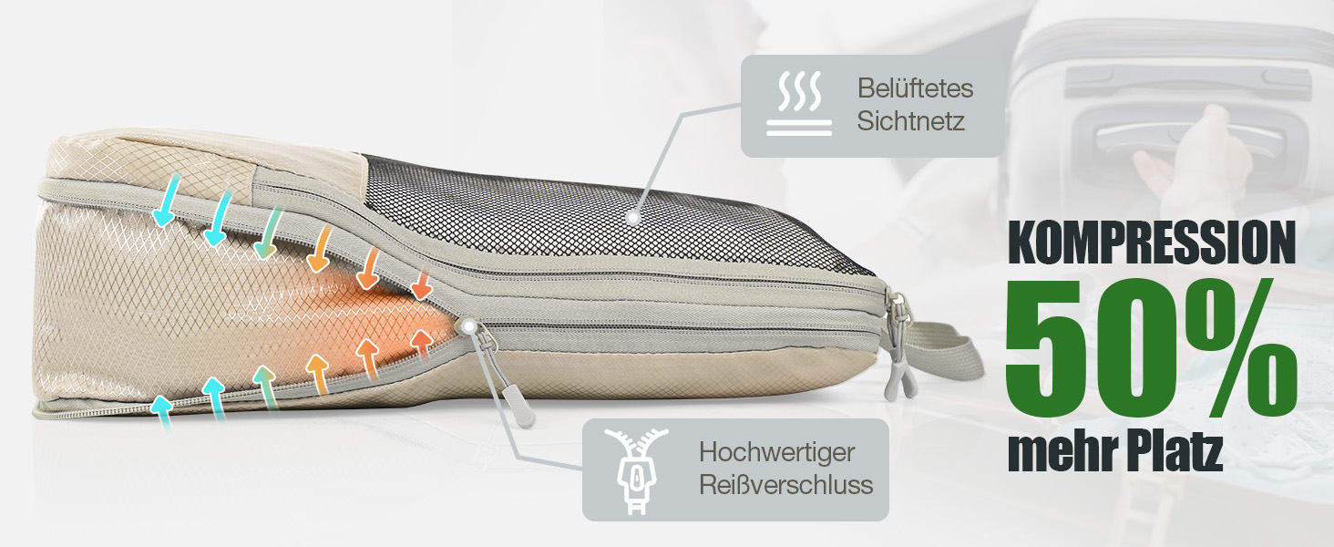 Набори для пакування валіз VnioLife (8 шт.) - Органайзери для подорожей, компресійні куби для одягу, синій та бежевий