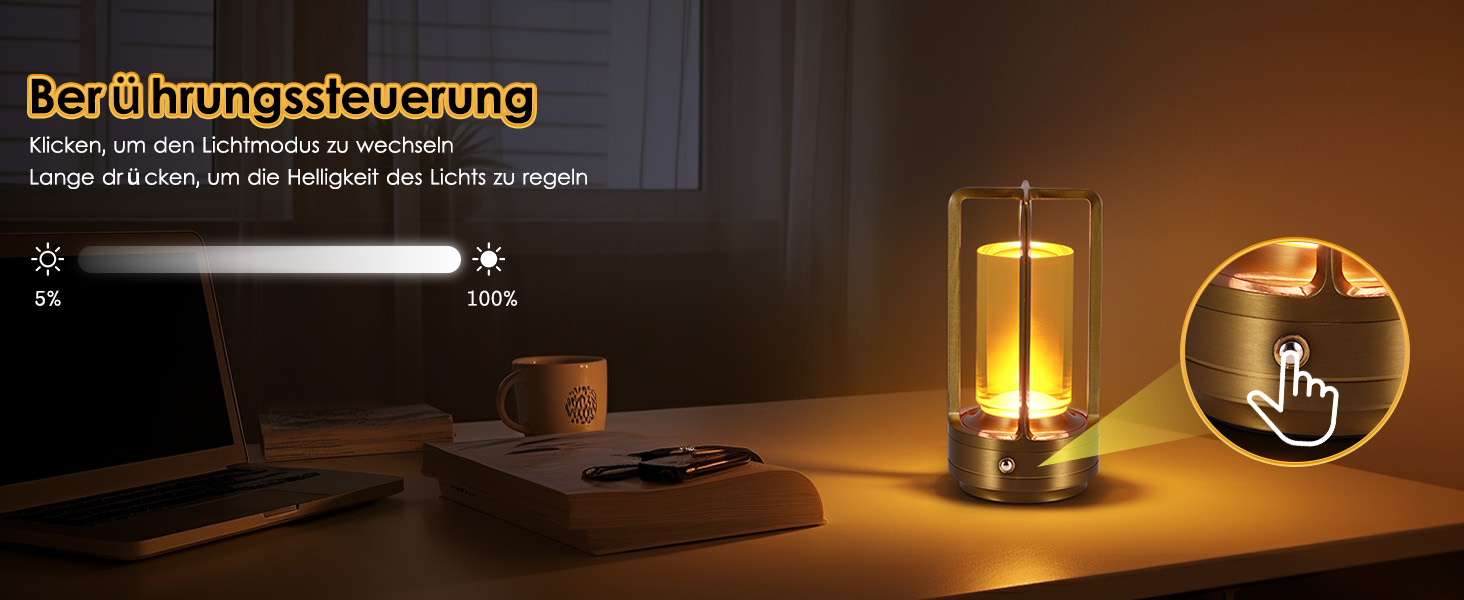 Торшер з торканням, бездротова LED лампа в стилі вінтаж, USB-зарядка, 3 кольори, регулювання яскравості, для спальні, офісу, вітальні, декор, подарунок (золотий)