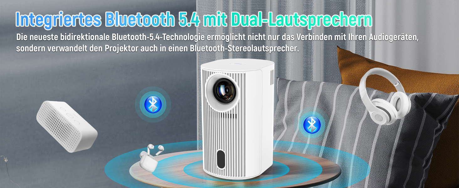 Портативний проєктор Mini Beamer: 4K, 1080p, WiFi 6, Bluetooth 5.4, Auto Keystone, 200 дюймів, сумісний з ноутбуками, смартфонами та TV (Weiß-P6)