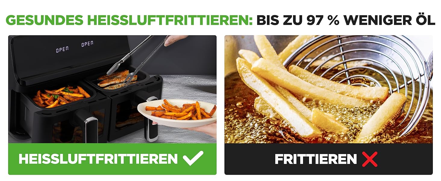 Фритюрниця NutriChef з гарячим повітрям, XXL 8л, подвійна камера, вікно, max 360°C, 9 програм, антипригарне покриття, придатна для миття в посудомийній машині, приготування без жиру, фритюрниця, гриль, духовка, 1700W, 8л, чорний