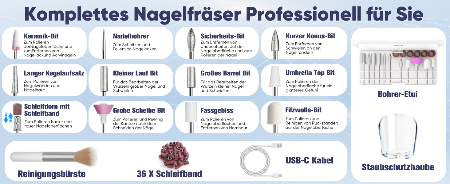 Електричний набір для манікюру Nagelfräser: 13 насадок, 5 швидкостей, 35000 обертів/хв, для гелю та акрилу