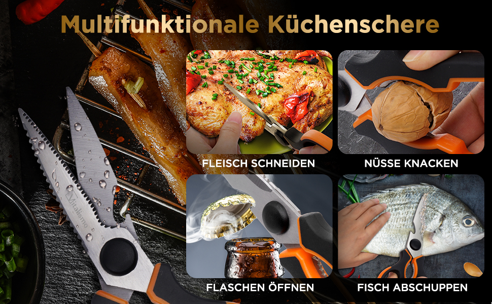 Універсальні кухонні ножиці 21 см з нержавіючої сталі, для риби, птиці, горіхів, з захистом леза, підходить для лівшів, можна мити в посудомийній машині