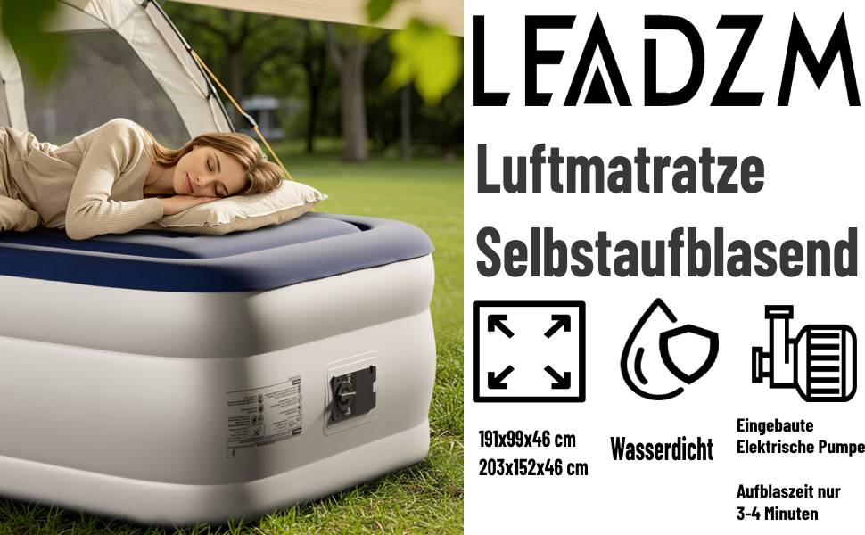 Надувний матрац LEADZM для двох осіб з електронасосом, 203x152x46 см, сірий. Самороздувний, флок + PVC, до 295 кг