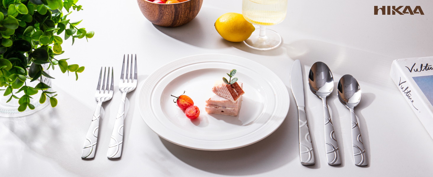 HIKAA Набір столових приборів 20 предметів, нержавіюча сталь, для 4 осіб, набір столових приборів для кухні, високоглянцевий, набір з виделок, ложок та ножів, придатний для миття в посудомийній машині (сріблястий)