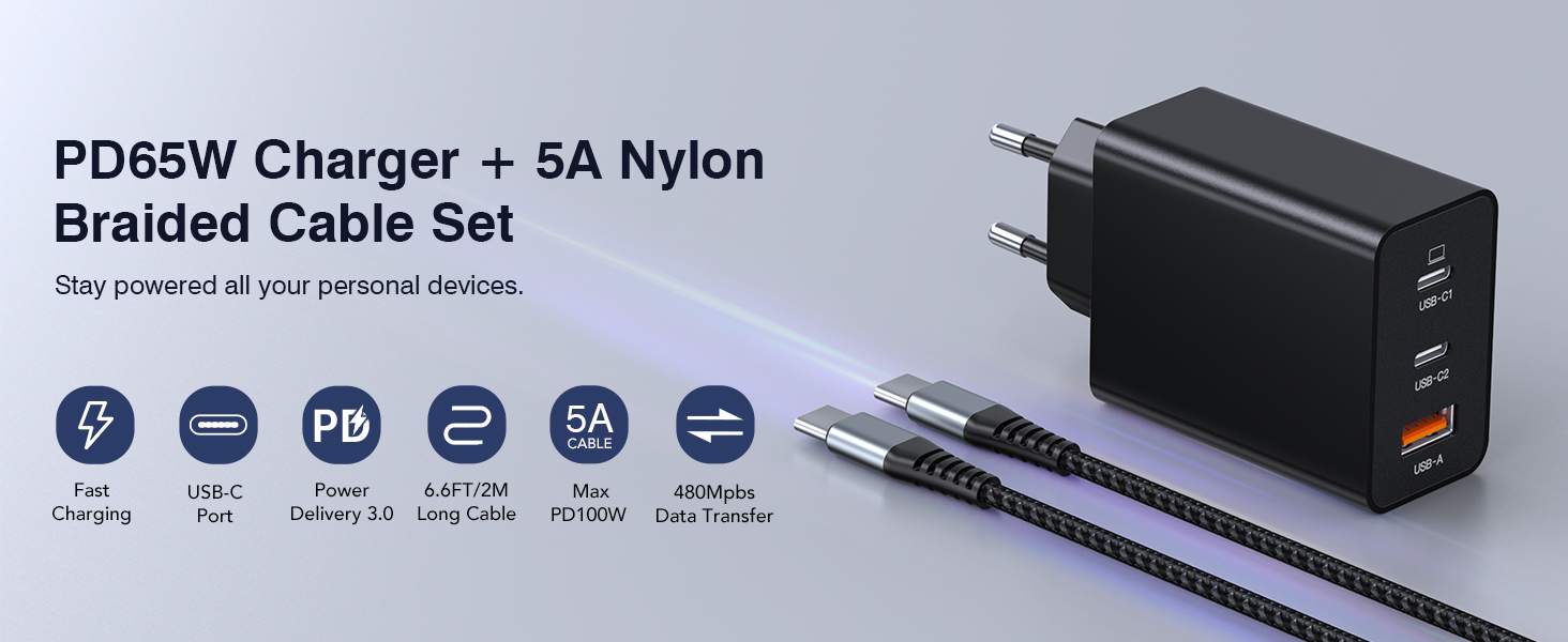 Зарядний пристрій USB-C 65W з 3 портами, чорний. Швидка зарядка для MacBook, iPhone, Switch, Galaxy, Tablet, Laptop