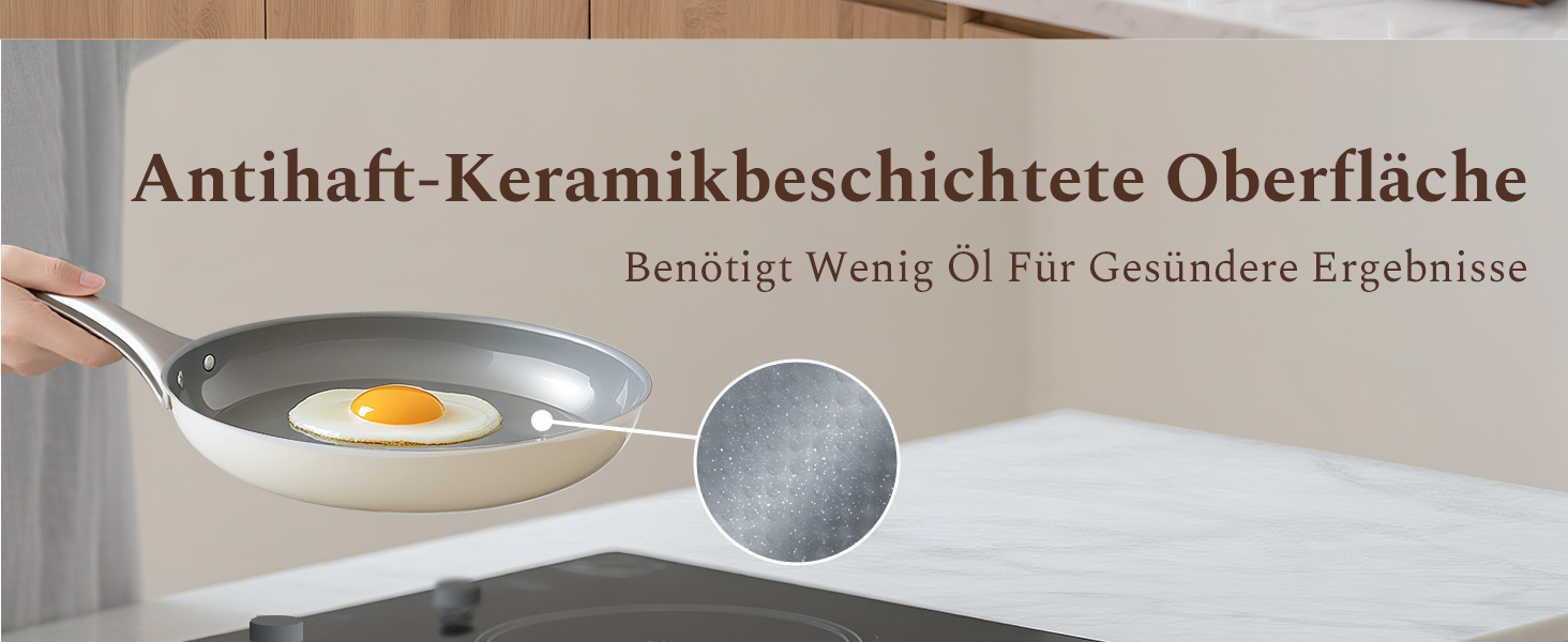Набір сковорідок Koch Kode: керамічне покриття, 20/24/28 см, з нержавіючою ручкою, для індукційних плит, без PTFE та PFOA, безпечне для здоров'я, бежевий (20 см)