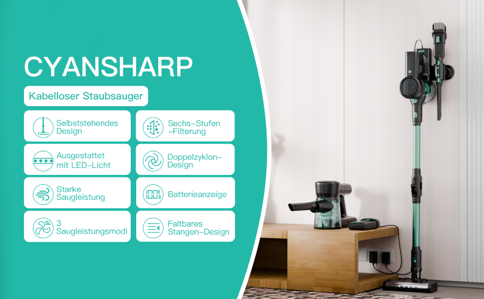 Бездротовий акумуляторний пилосос 28KPa з LED-дисплеєм, антизаплутана щітка, змінний акумулятор, вертикальний пилосос для твердих поверхонь, килимів та шерсті тварин (зелений)