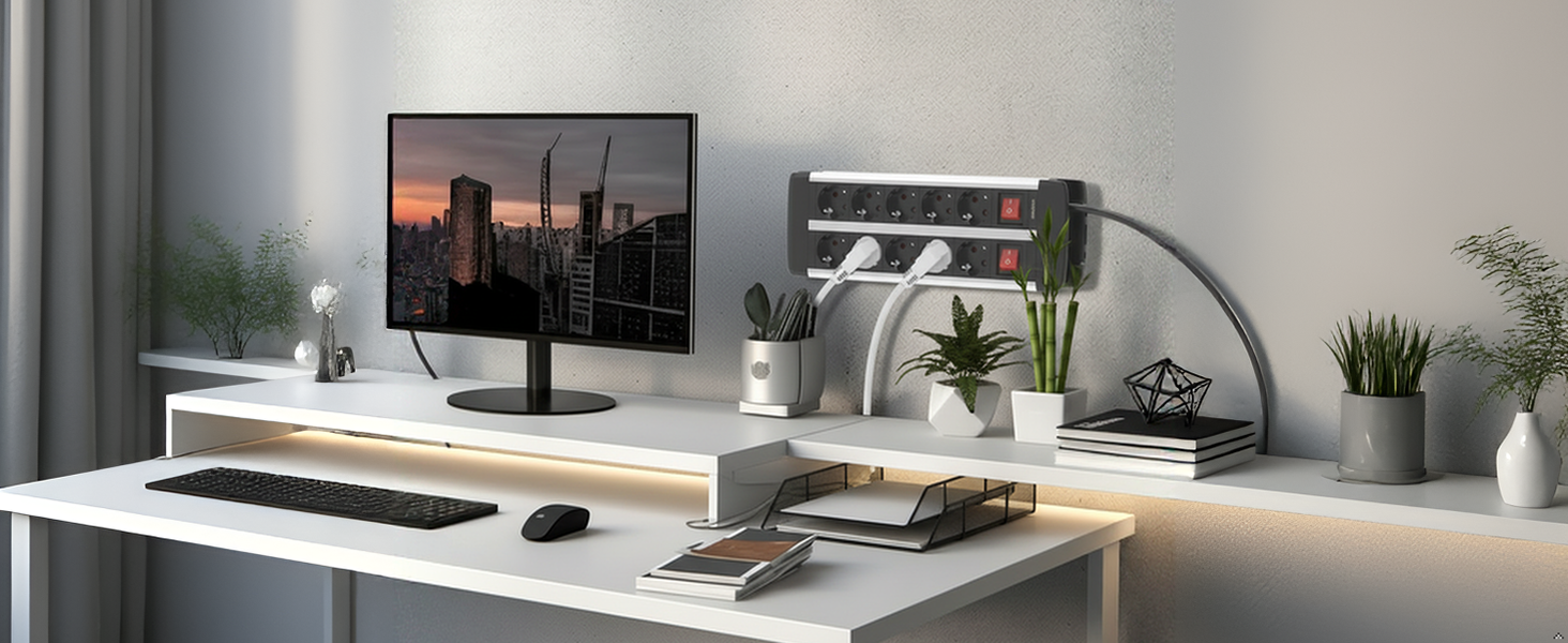 Мережевий фільтр на 10 розеток з USB-C PD 20W, захист від перенапруги, сертифікація TÜV/GS, вимикач, кабель 1.5м, 16A для офісу та майстерні
