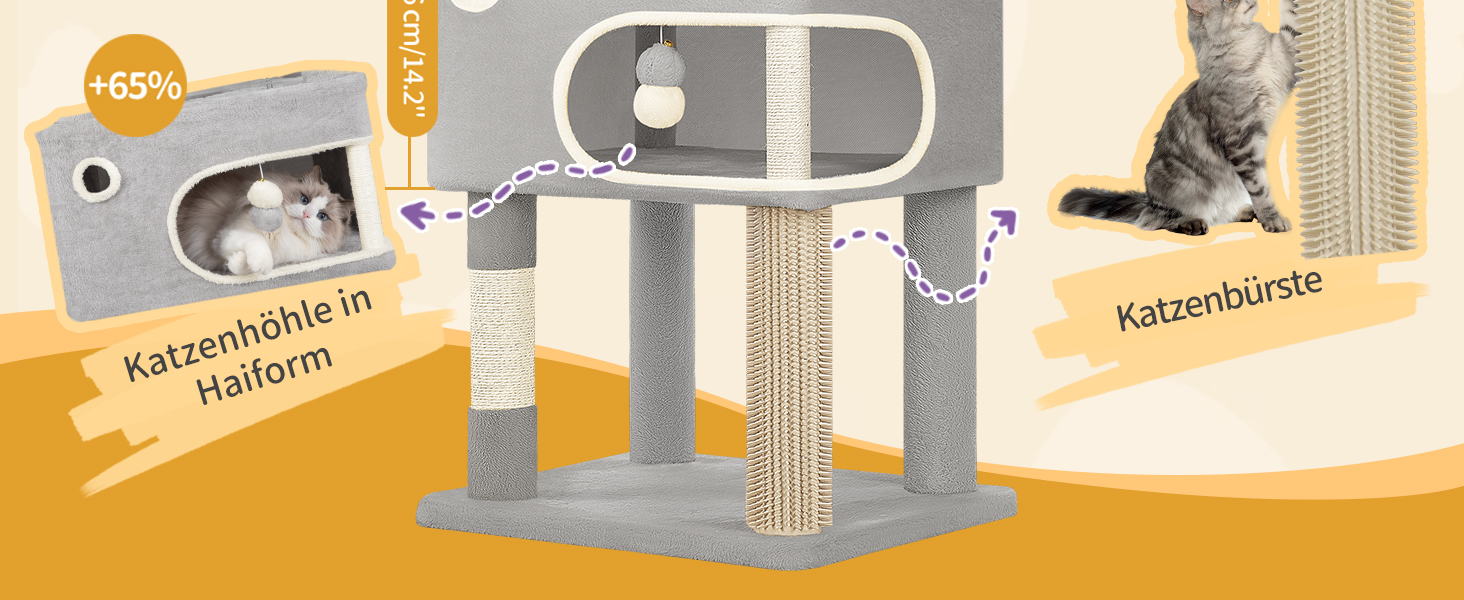 Когтеточка для котів Hzuaneri XXL (203 см) з великою платформою, 2 печери, 7 стовпчиків, помпонами, лежаками та гамаком. Підходить для всіх порід котів. MS20318YL (Світло-сірий)