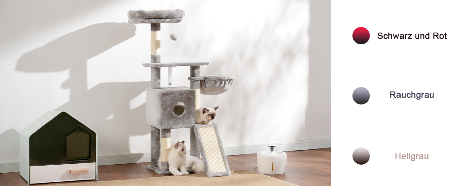 Котячий будиночок Hey-brother Kratzbaum 108 см, багатоярусний котячий комплекс з когтеточками, рампою, гніздечком та іграшками, сірий MPJ007SW