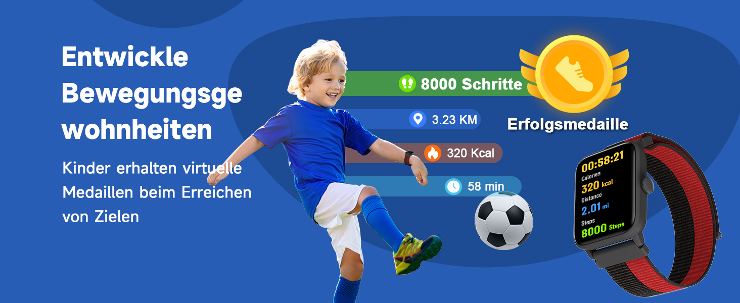 Смарт-годинник BIGGERFIVE для дітей, фітнес-трекер з пульсометром, крокоміром, моніторингом сну, водонепроникний (5ATM), будильник, 1.5' HD-сенсорний екран, для дівчаток та хлопчиків 3-14 років, ремінець нейлон, чорний/червоний