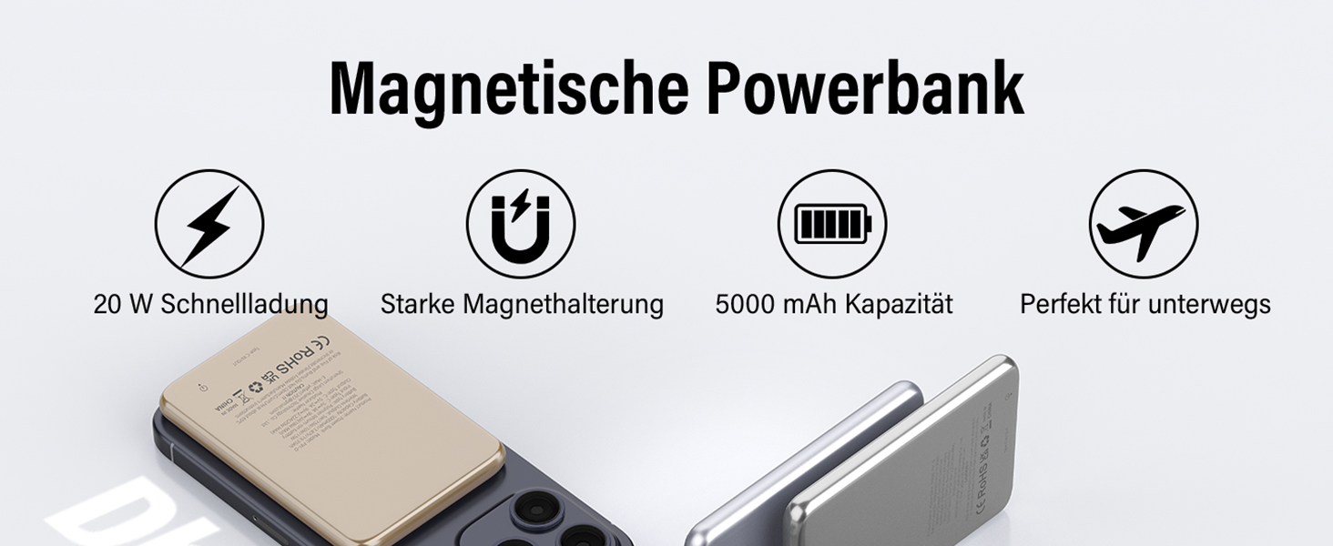 Power Bank MagSafe 5000mAh 20W PD з бездротовою зарядкою, USB-C, для iPhone 16/15/14/13/12, срібний