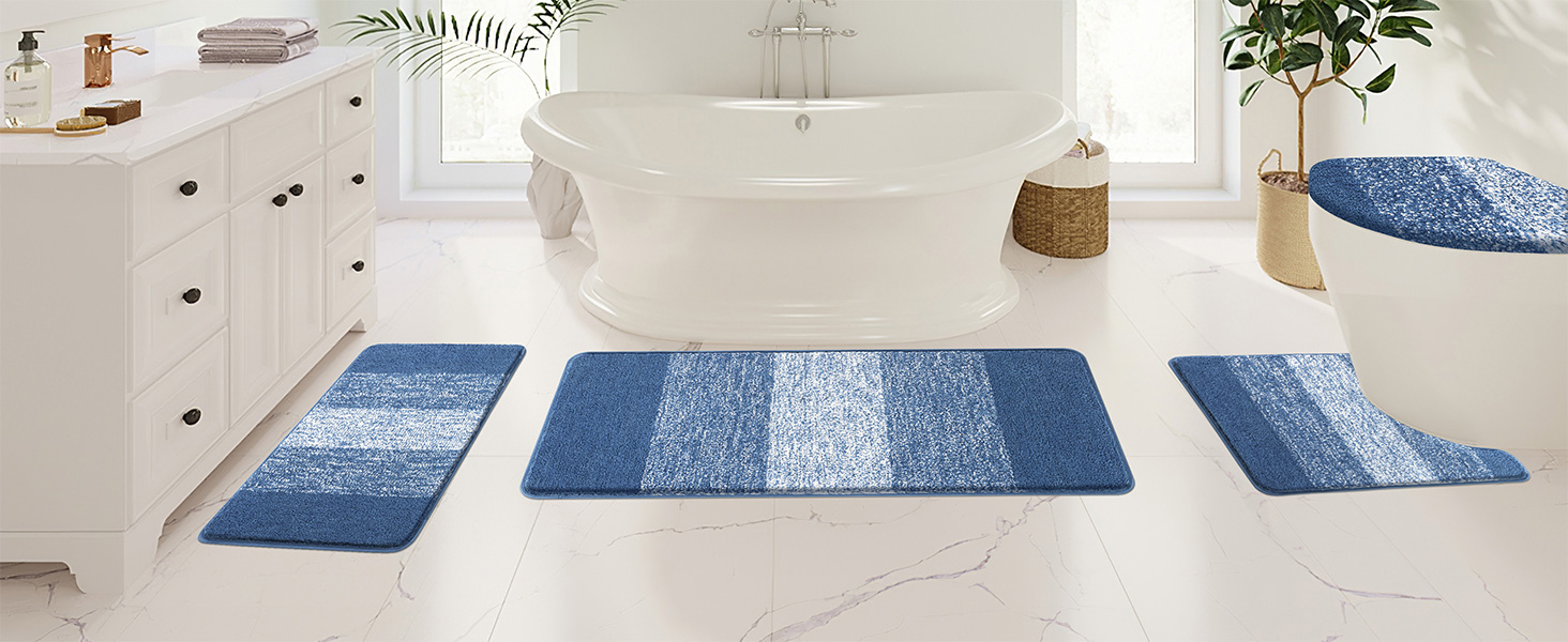 Enyhom 4-Piece Microfiber Bath Mat Set - Non-Slip Bathroom Rugs & Toilet Lid Cover (Blue, 45x65cm, 45x120cm, 50x60cm, 48x53cm)