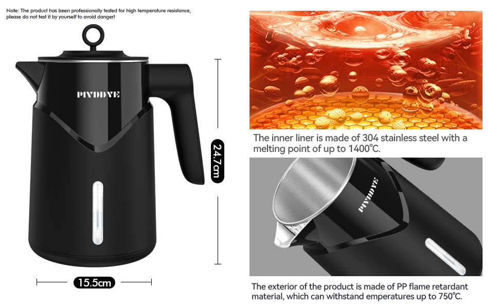 Електричний чайник з нержавіючої сталі 2200W з швидким нагріванням, автоматичним вимкненням, захистом від сухого кипіння, 1.7L, без BPA, без контакту з пластиком, тихий, чорний