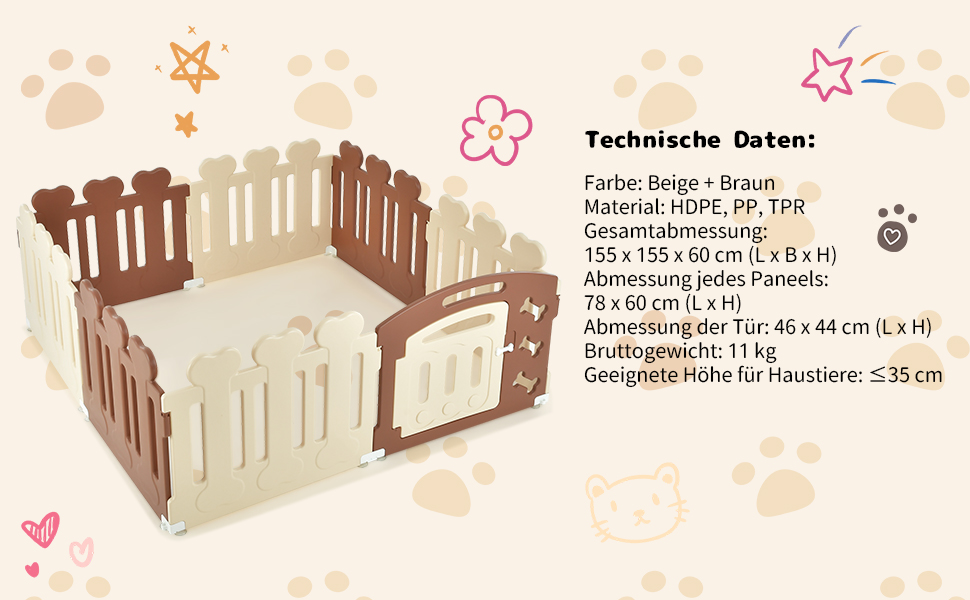 Вольєр для собак COSTWAY з 8 панелей, 60 см, з дверцятами, для дому та саду, HDPE пластик, бежевий + коричневий