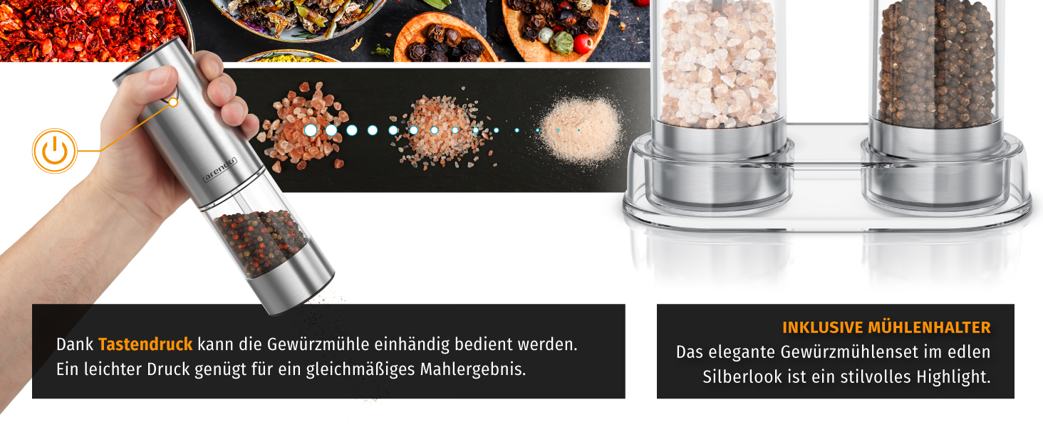 Електричні млини для спецій Arendo – набір з солі та перцю, нержавіюча сталь, керамічний механізм, LED-підсвічування, акумулятор, щітка та воронка