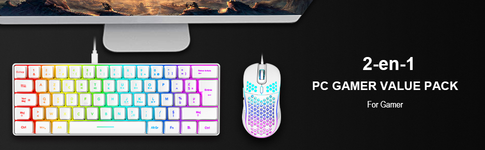 RedThunder K62 Бездротова ігрова клавіатура та миша, RGB, AZERTY, 62 клавіші, Mini, для PC/PS5 (білий)