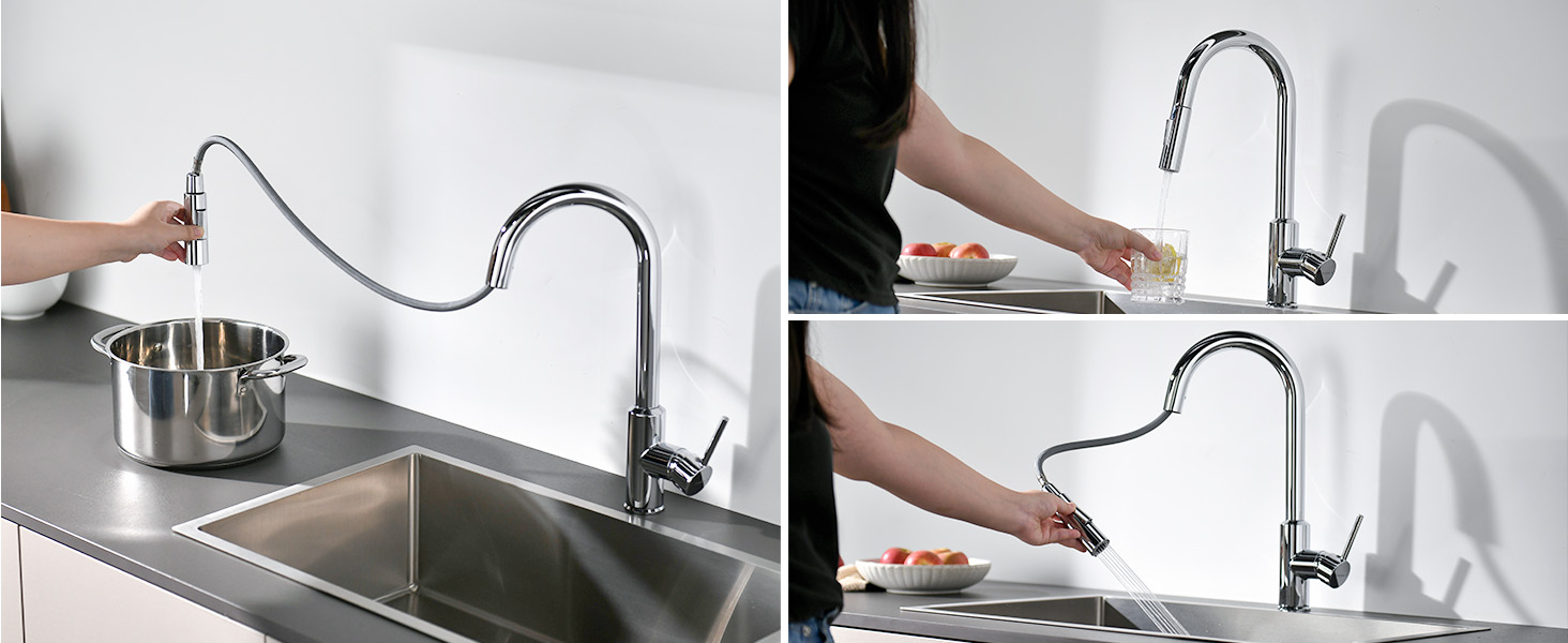 Змішувач кухонний з висувною лійкою та душем, 360° поворот, 2 режими, нержавіюча сталь (хром)