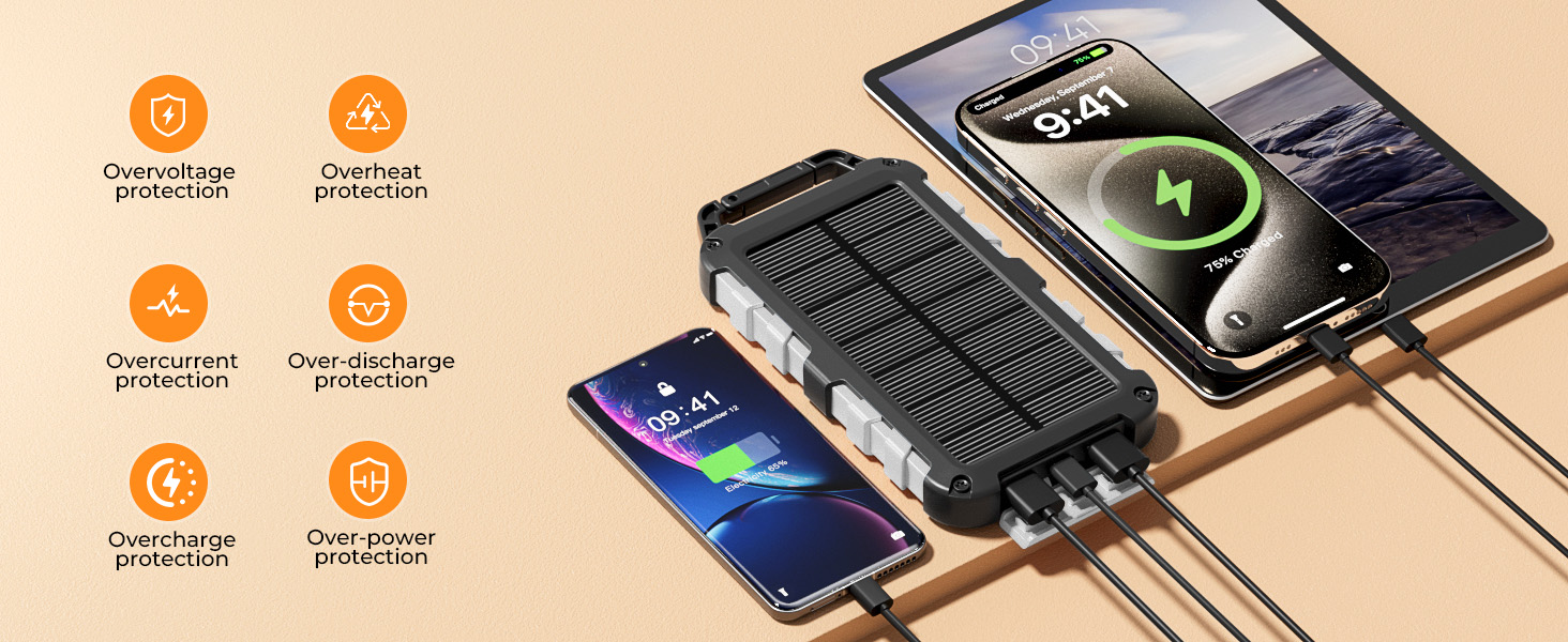 Портативний сонячний павербанк 26800mAh з LED ліхтариком, водонепроникний, 3 виходи USB, PD 15W, для кемпінгу та гаджетів (темно-сірий)