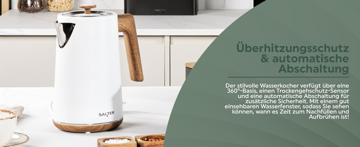 Електричний чайник Salter Toronto 1,7L, 3kW, чорний: швидке кип'ятіння, 360° підставка, фільтр від накипу, дерев'яний дизайн, бездротовий, захист від сухого кип'ятіння, автовимкнення, контролер Otter, чорний колір