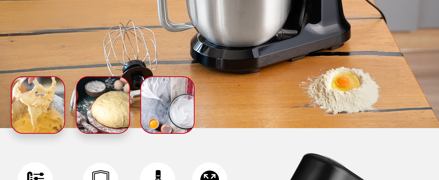 Кухонний комбайн-міксер LEHMANN з набором аксесуарів, 1500 Вт, 12 швидкостей, чаша 5 л, захист від перегріву, планетарний міксер з 3 насадками та захистом від бризок, чорний