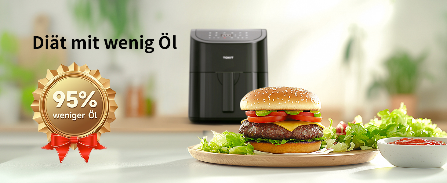 TOKIT Фритюрниця повітряна 1500W, 4.5L, 10 функцій, 360° циркуляція, низький вміст жиру, швидка приготування, компактна (чорний)