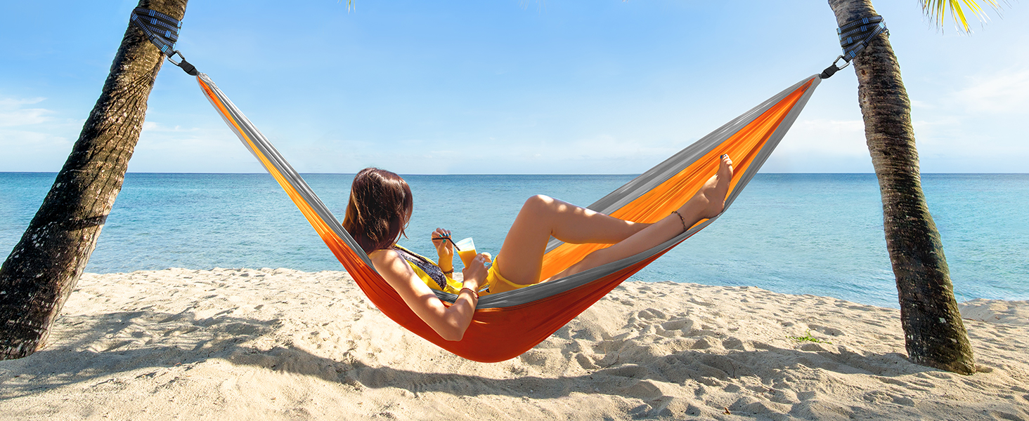 Гімніс Гамак для відпочинку на відкритому повітрі Ultraleicht, 275x140 см, з мотузками та карабінами, 300 кг, Оранжевий - Сірий