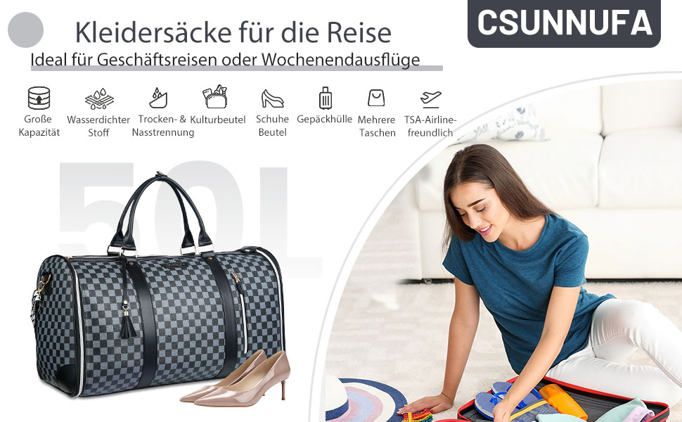 Сумка-трансформер для подорожей 50 л, 2-в-1 з водонепроникним взуттям та системою проти зминання – для жінок та чоловіків, ідеальна для ділових поїздок та відпочинку (Чорна)