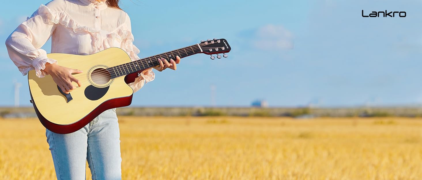 Акустична гітара Lankro 38 дюймів для початківців: чорна гітара Westerngitarre з кейсом, підставкою, медіатором, тюнером, набором струн та інструкцією