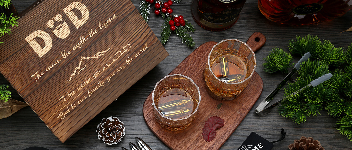 Склянки для віскі з гранітними кубиками, 2 шт. (310 мл) у дерев'яній коробці - ідеальний подарунок для любителів віскі