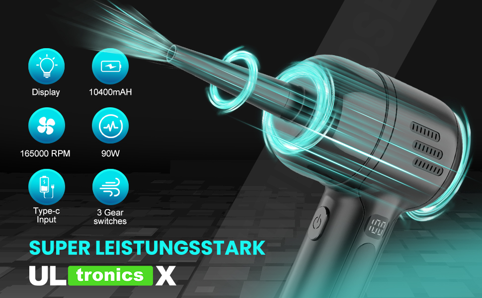 Бездротовий пилосос для клавіатури ULTRONICS X3 Gang-165000 PRM з компресованою повітрям, акумулятор 10400mAh, Type-C, для ноутбуків, електроніки та дому