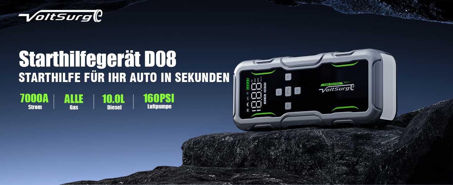 Powerbank VoltSurge 7000A з компресором та функцією запуску двигуна, 160PSI, для автомобілів (бензин та дизель до 10л), 12V, з LED-ліхтариком